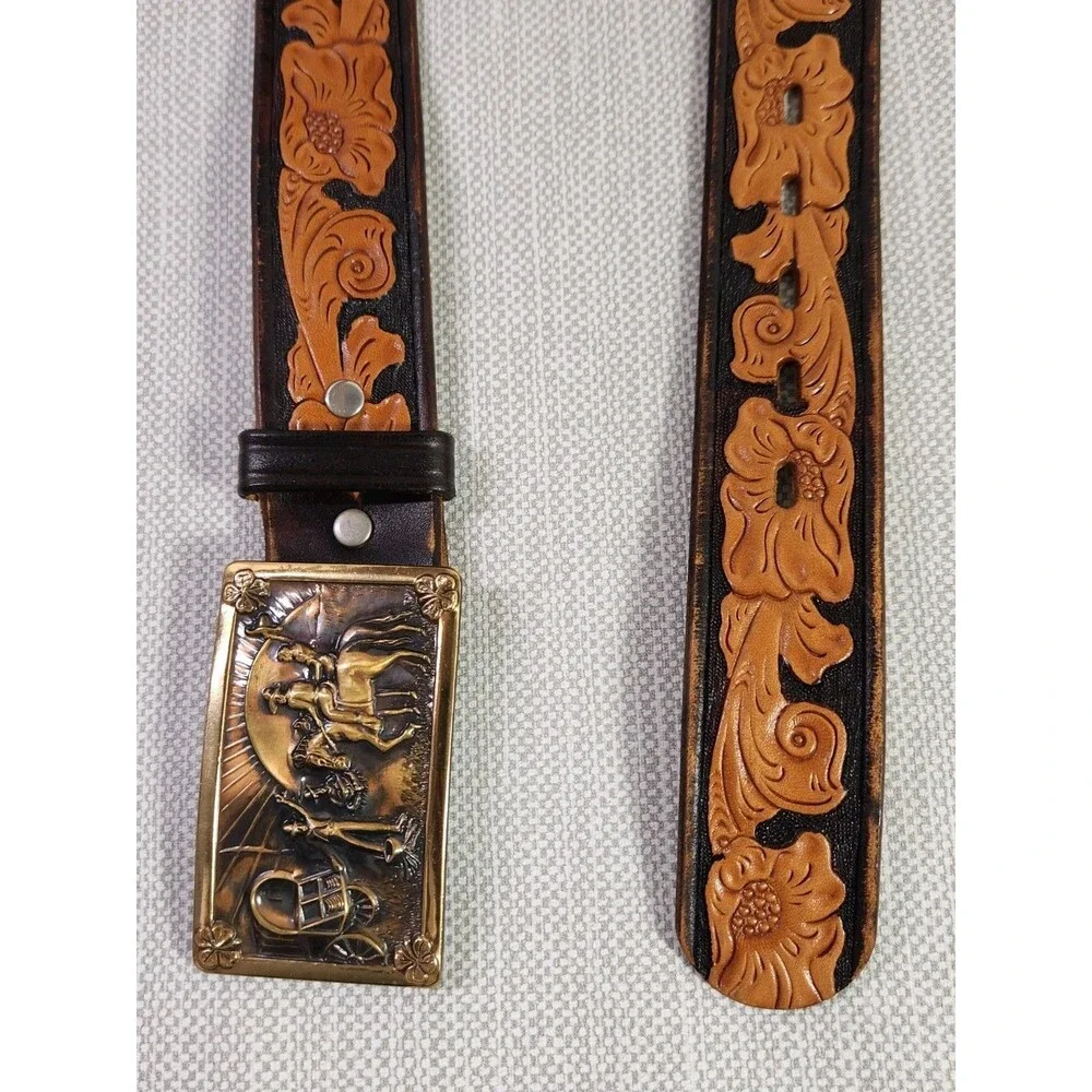 Chambers Size 32 Belt Western Tooled Leather Brown Tan Cowboy Men